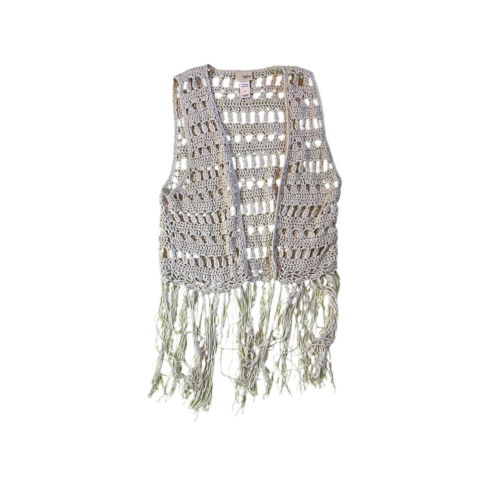 BKE Daytrip Crochet Fringe Vest Cream Open Knit Boho Sleeveless Top M